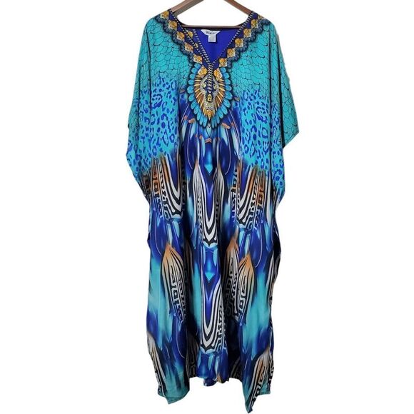 Winlar Dresses & Skirts - Winlar Satin Caftan Kaftan House Dress One Size Muumuu Vibrant Blue Boho Womens